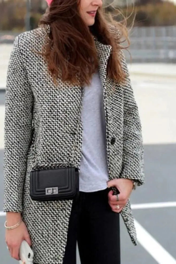 Femmes Manteau Élégant Pied-De-Poule | Mi-Long