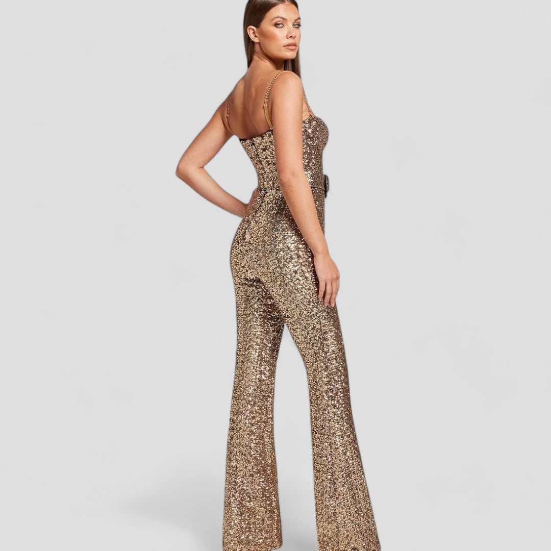 Jumpsuit scintillant à paillettes, coupe ajustée et flare