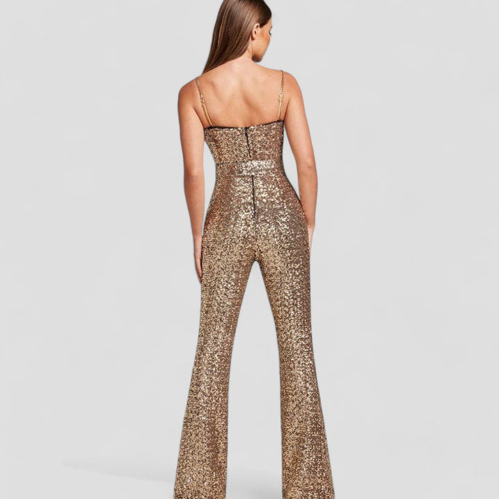 Jumpsuit scintillant à paillettes, coupe ajustée et flare