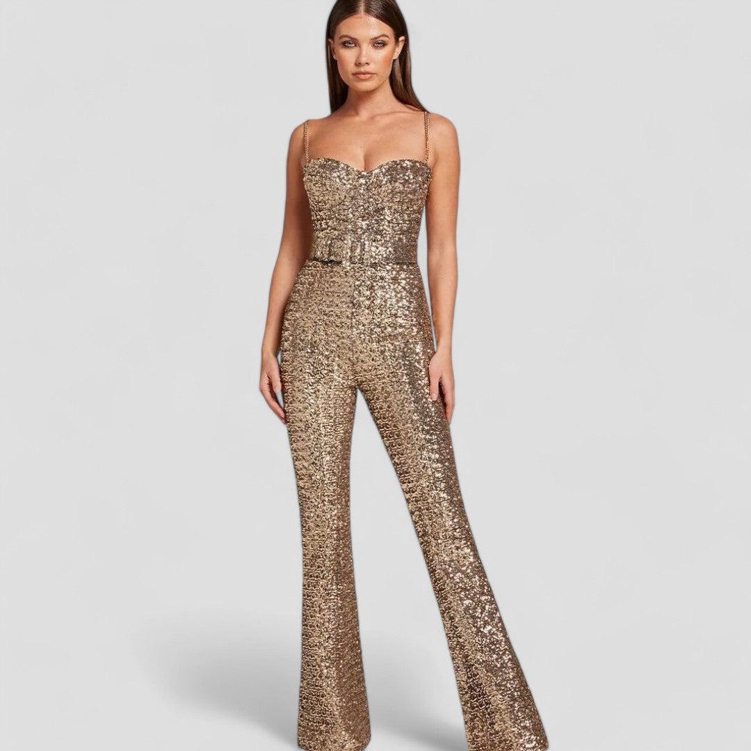 Jumpsuit scintillant à paillettes, coupe ajustée et flare