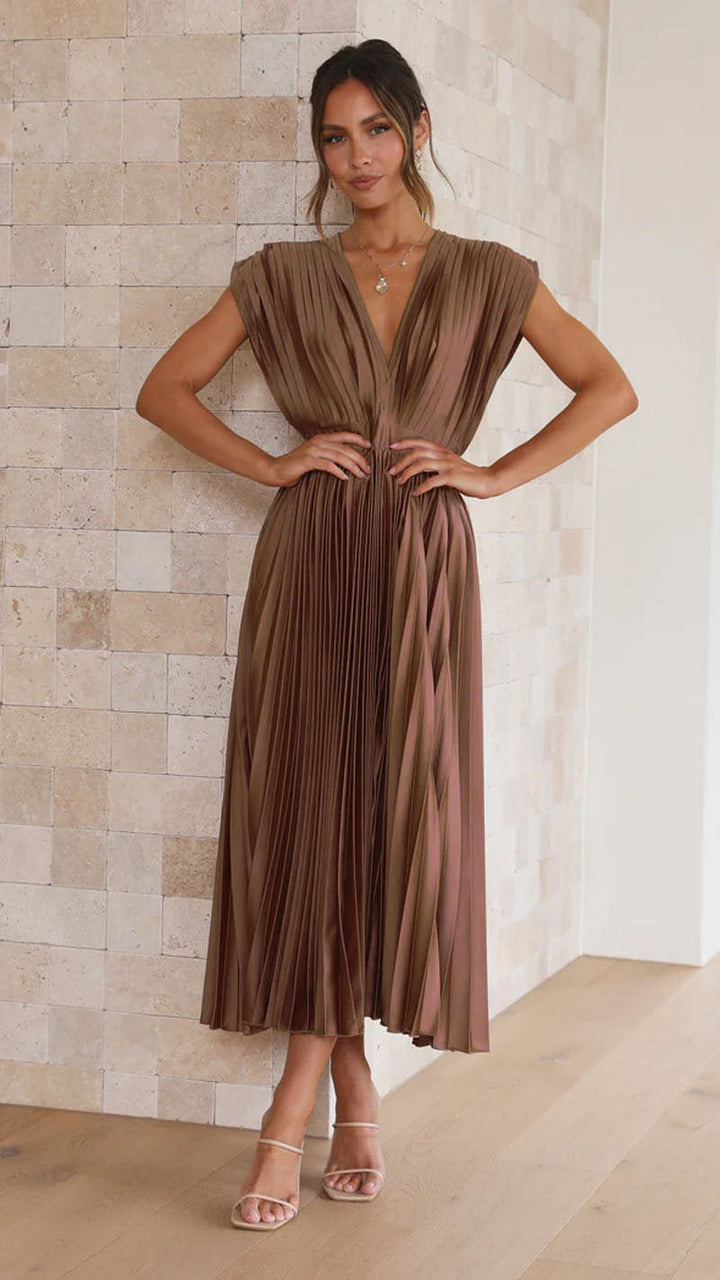 Robe midi plissée élégante avec col en V