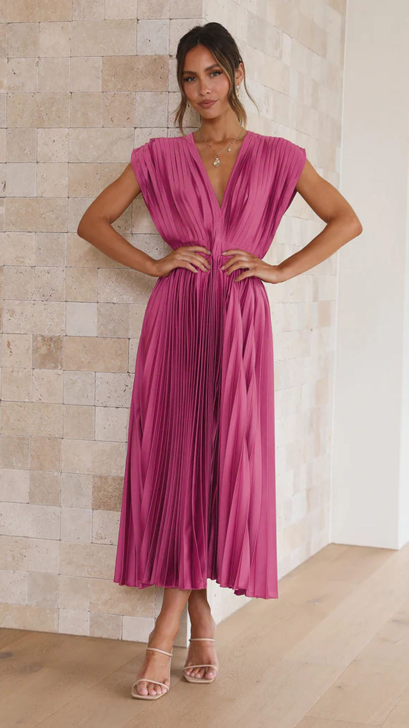 Robe midi plissée élégante avec col en V