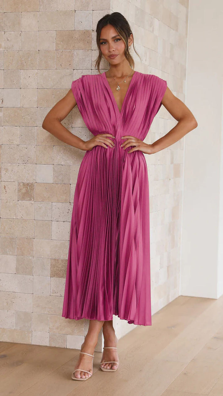 Robe midi plissée élégante avec col en V