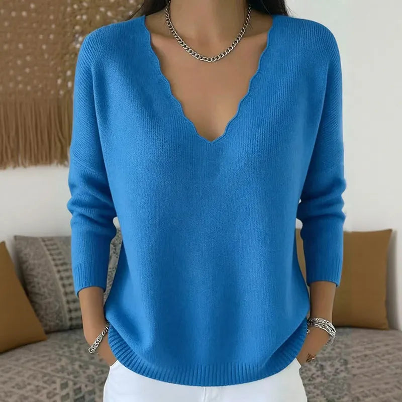 Elise | Pull Femme en Maille à Col V Festonné