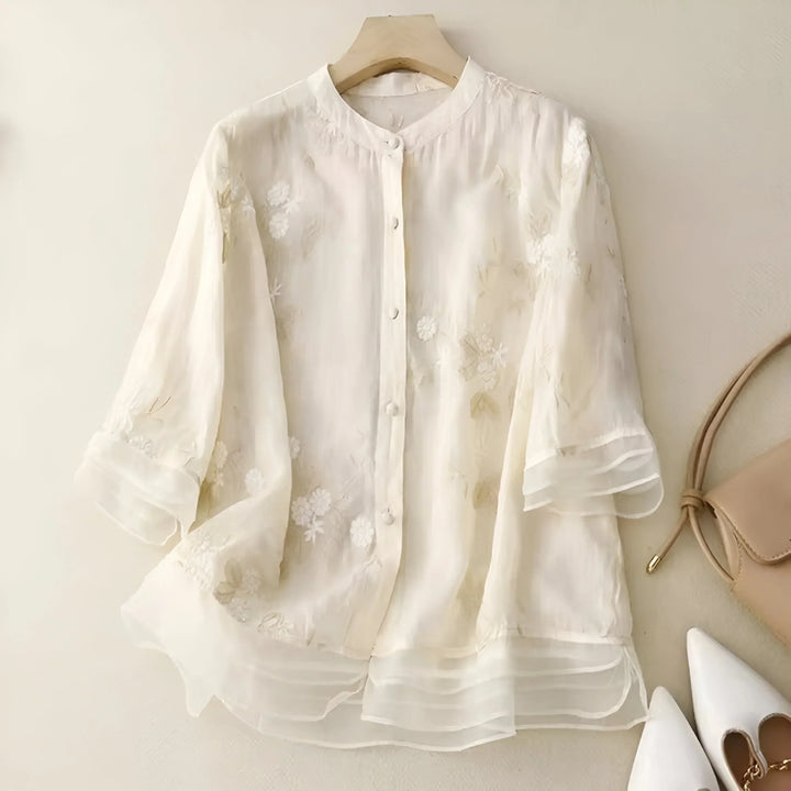 Blouse brodée à manches longues coupe fluide pour femme | Lyséa