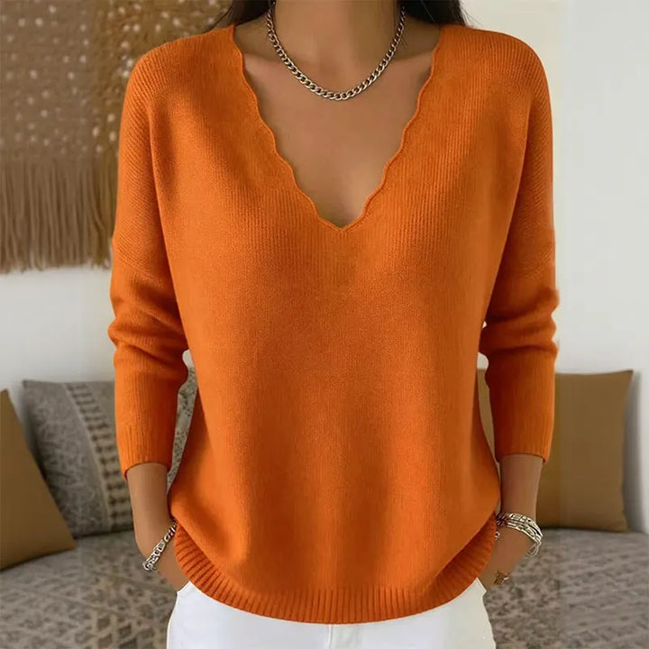 Elise | Pull Femme en Maille à Col V Festonné
