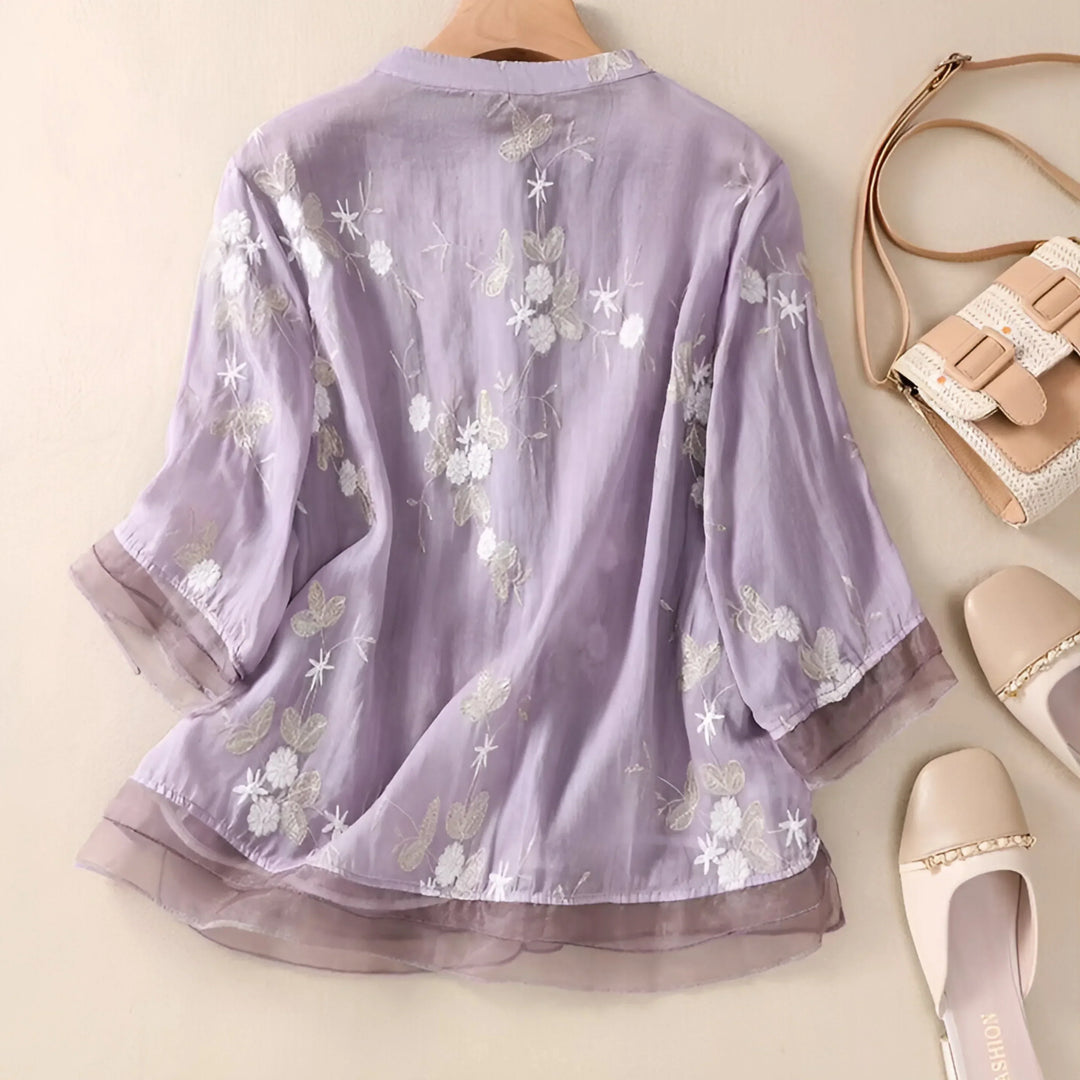 Blouse brodée à manches longues coupe fluide pour femme | Lyséa