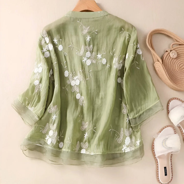 Blouse brodée à manches longues coupe fluide pour femme | Lyséa