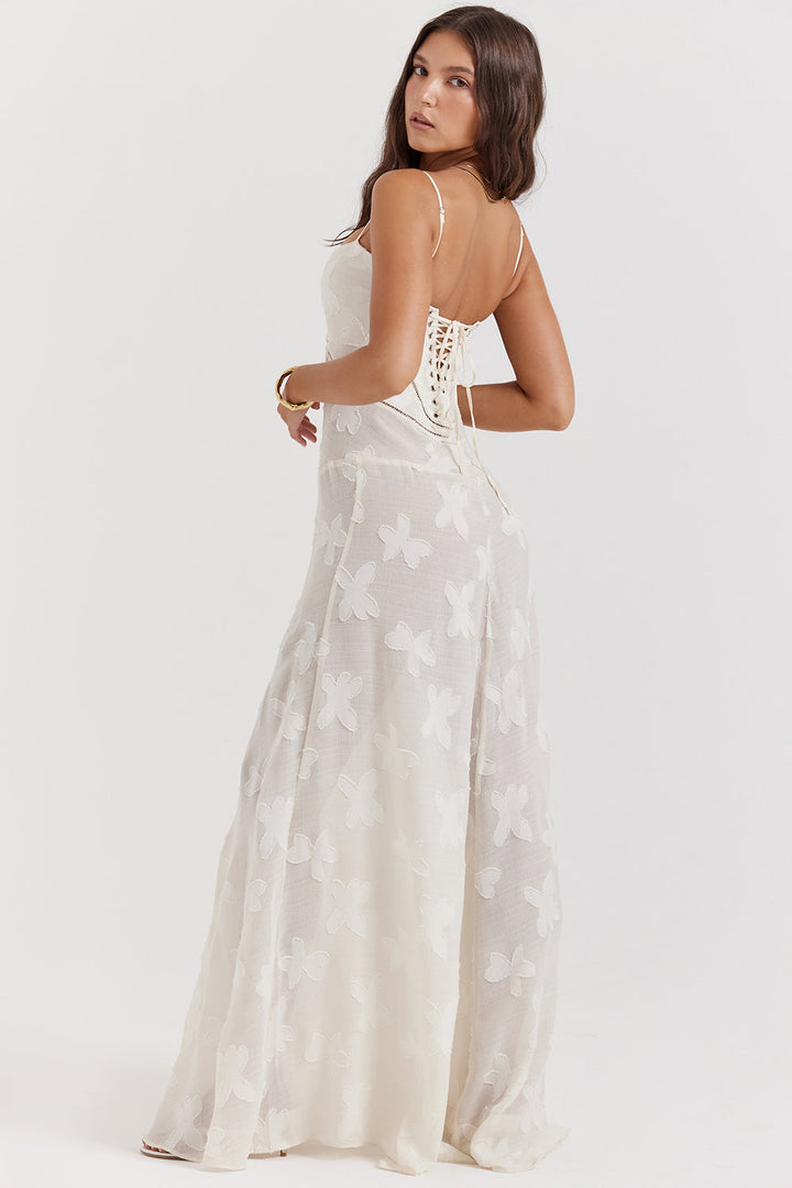 Robe longue fluide brodée dos nu été