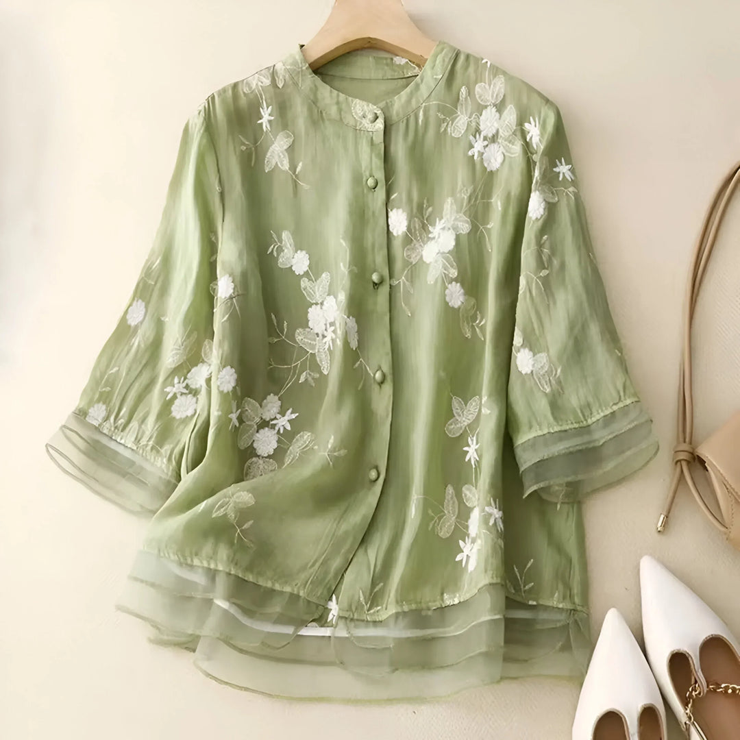 Blouse brodée à manches longues coupe fluide pour femme | Lyséa
