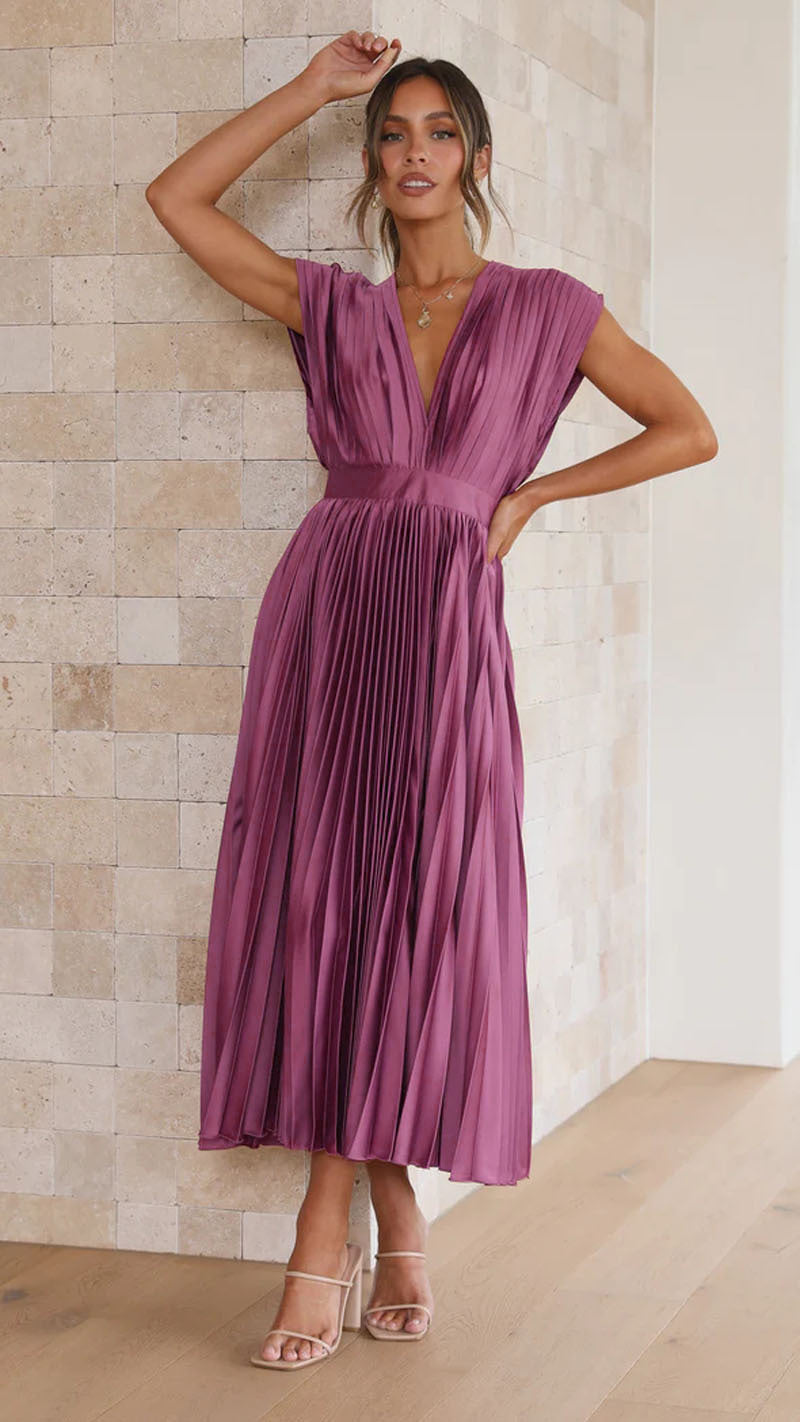 Robe midi plissée élégante avec col en V