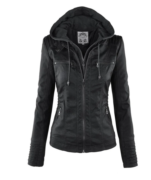 Veste en cuir avec capuche et poches zippées