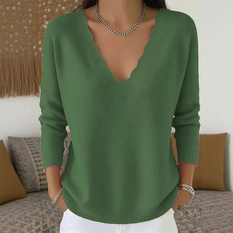 Elise | Pull Femme en Maille à Col V Festonné
