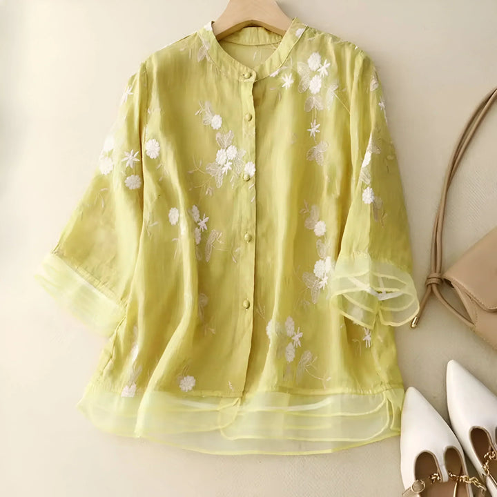 Blouse brodée à manches longues coupe fluide pour femme | Lyséa