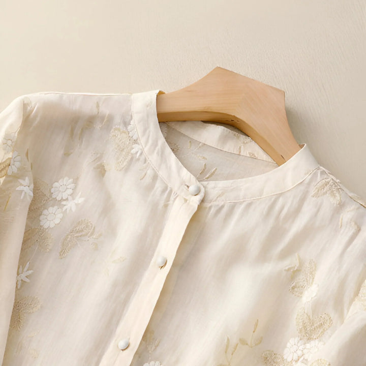 Blouse brodée à manches longues coupe fluide pour femme | Lyséa
