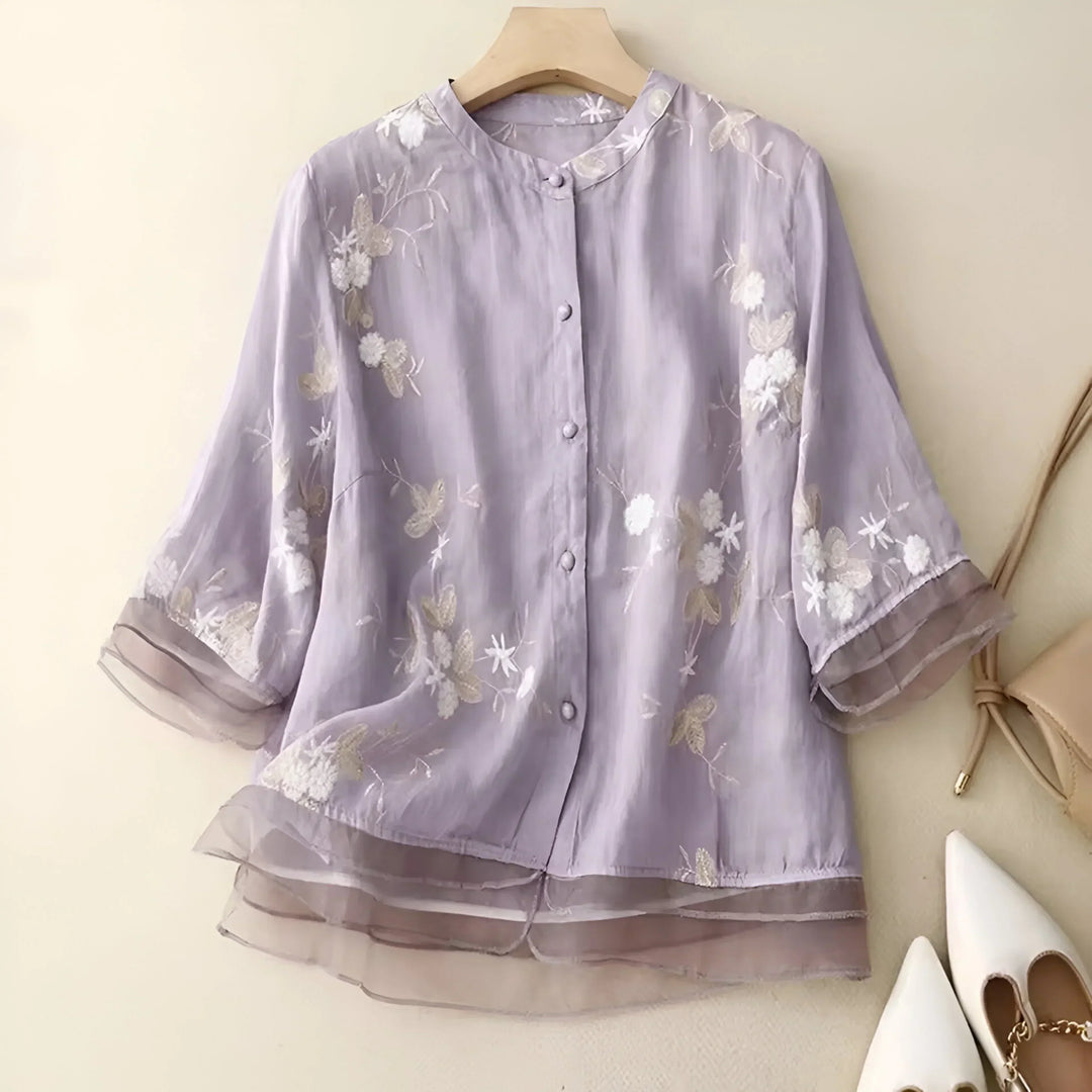 Blouse brodée à manches longues coupe fluide pour femme | Lyséa