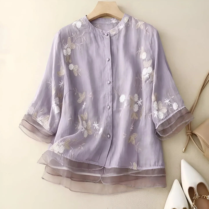 Blouse brodée à manches longues coupe fluide pour femme | Lyséa