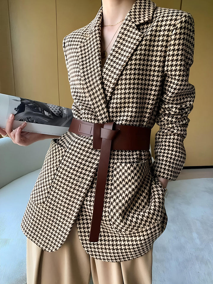 Rovelle | Blazer Pied-De-Poule Ceinturé à Revers Crantés pour Femme