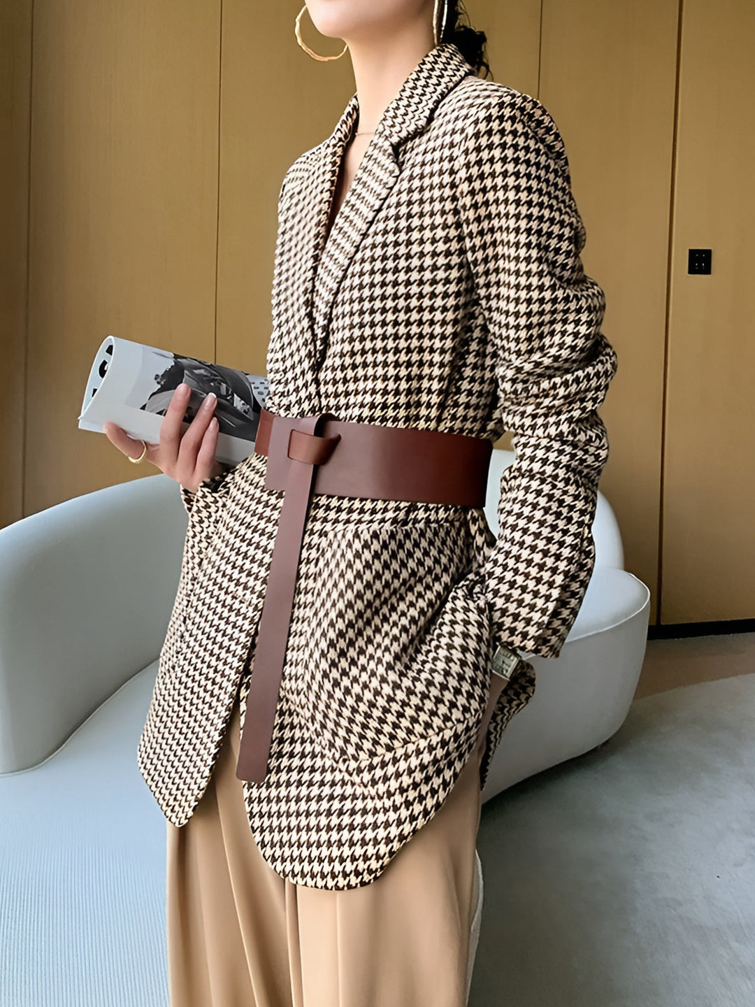 Rovelle | Blazer Pied-De-Poule Ceinturé à Revers Crantés pour Femme