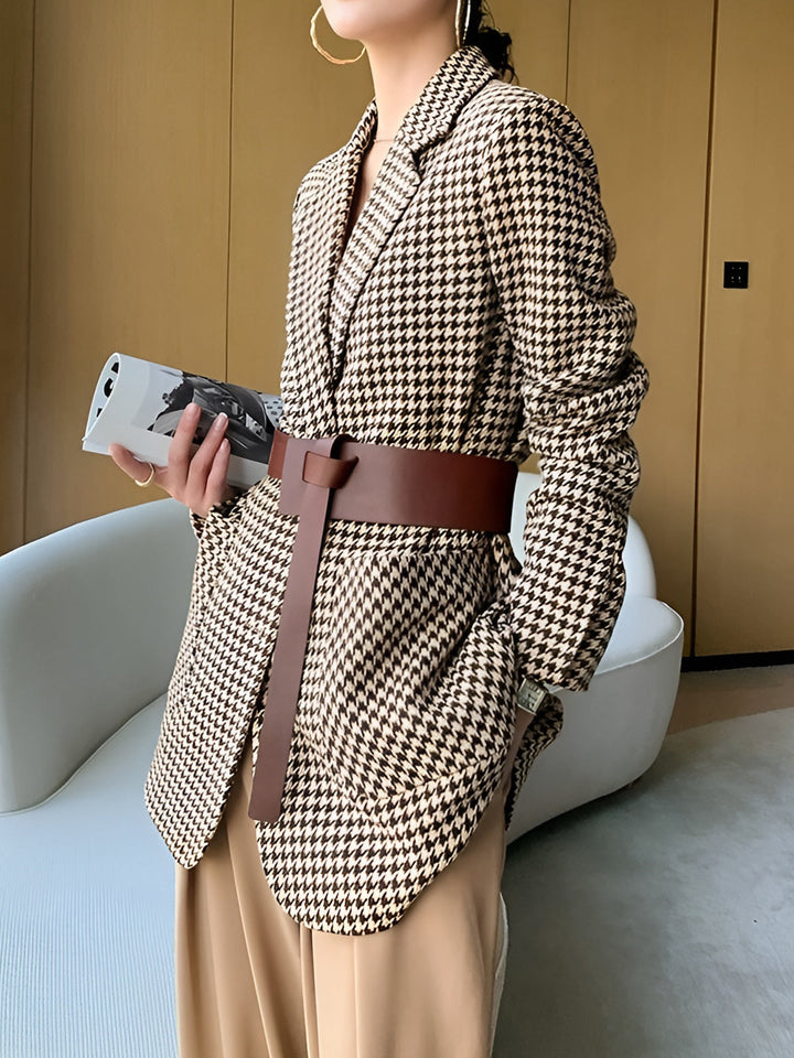 Rovelle | Blazer Pied-De-Poule Ceinturé à Revers Crantés pour Femme