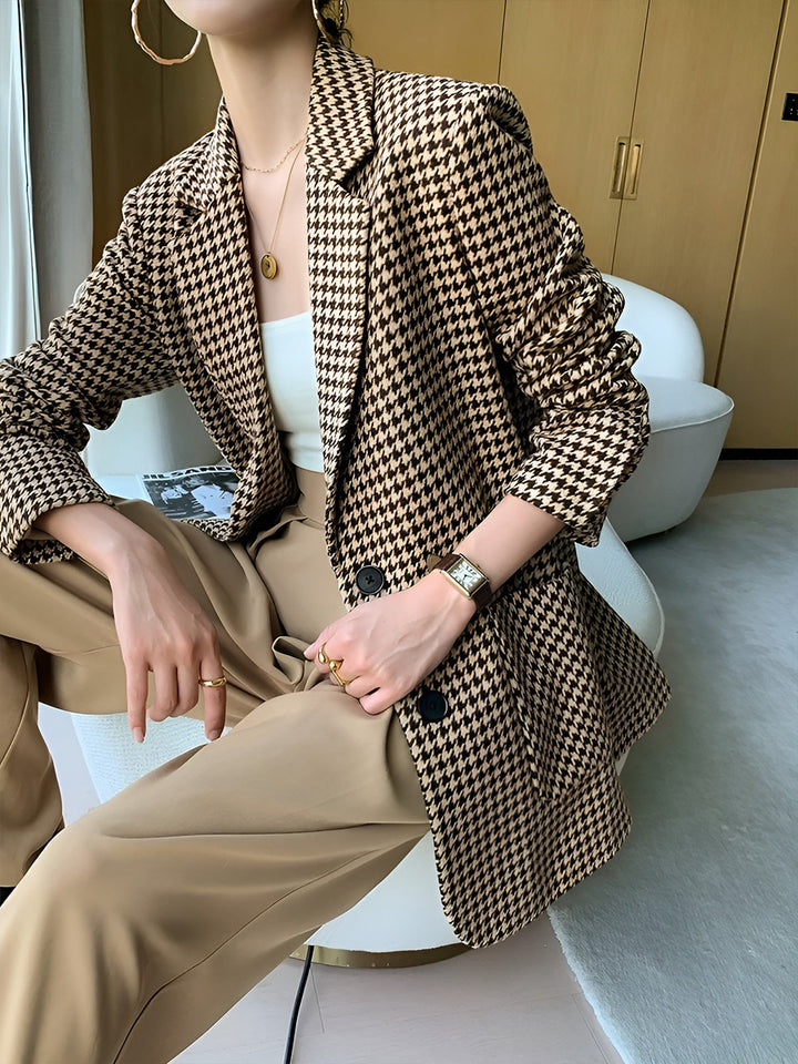 Rovelle | Blazer Pied-De-Poule Ceinturé à Revers Crantés pour Femme