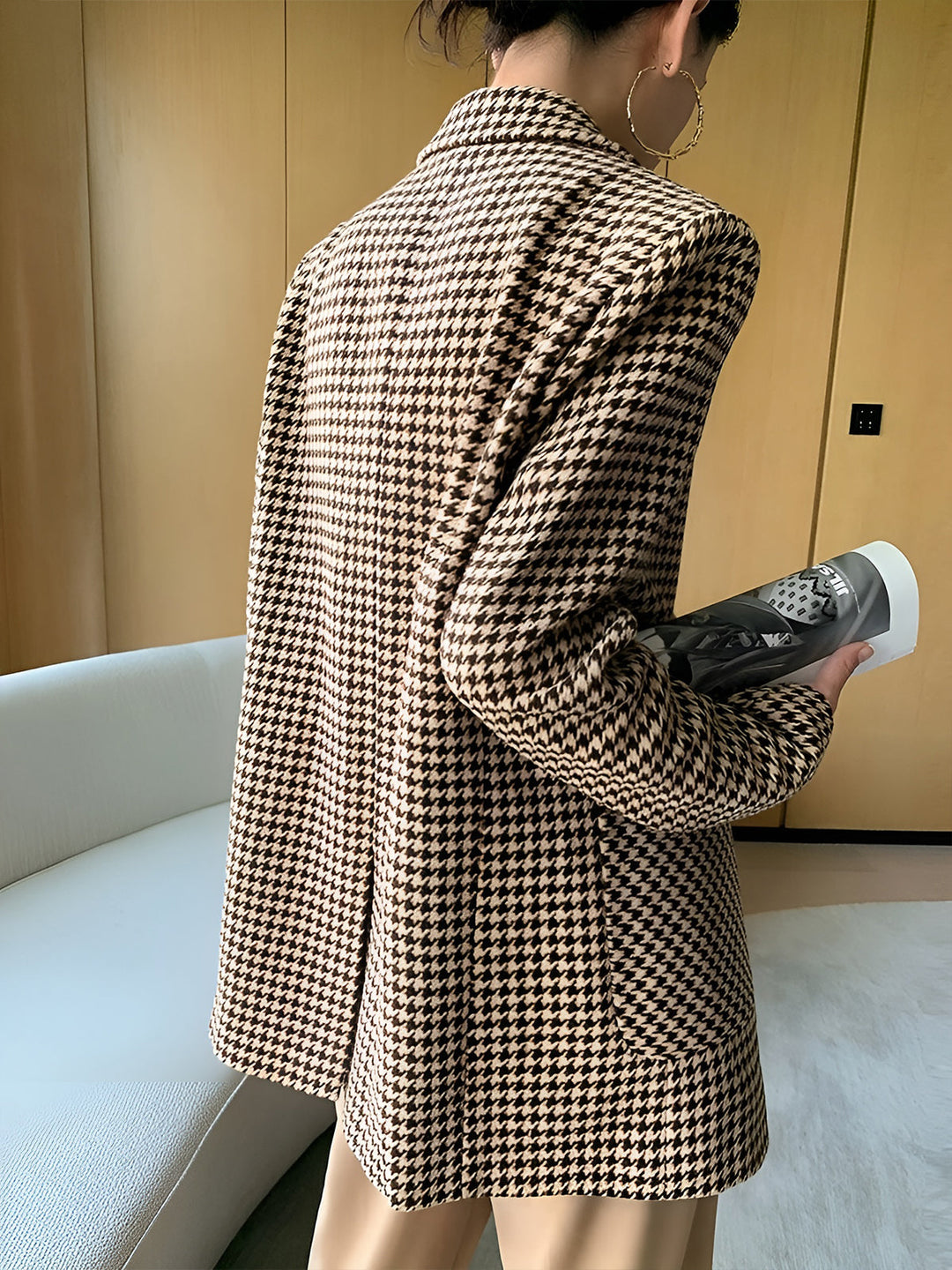 Rovelle | Blazer Pied-De-Poule Ceinturé à Revers Crantés pour Femme