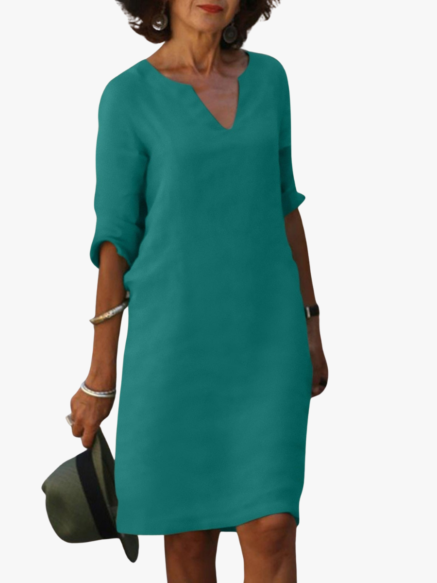 Solvane | Robe Midi Femme à Col en V et Manches Trois Quarts