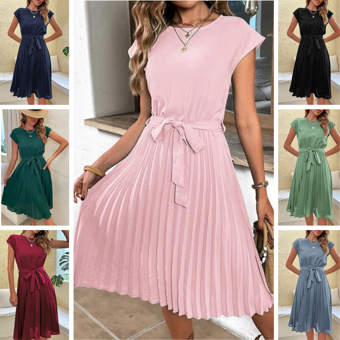 Robe midi plissée élégante à taille marquée