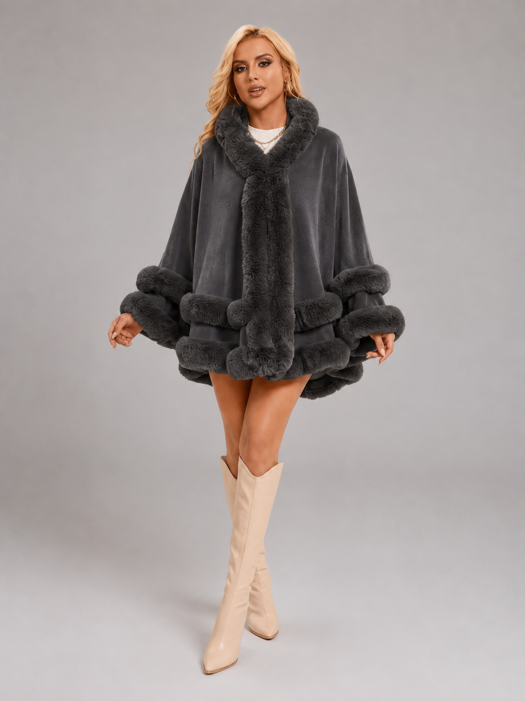Solveline | Cardigan Cape Bordure Fausse Fourrure pour Femme
