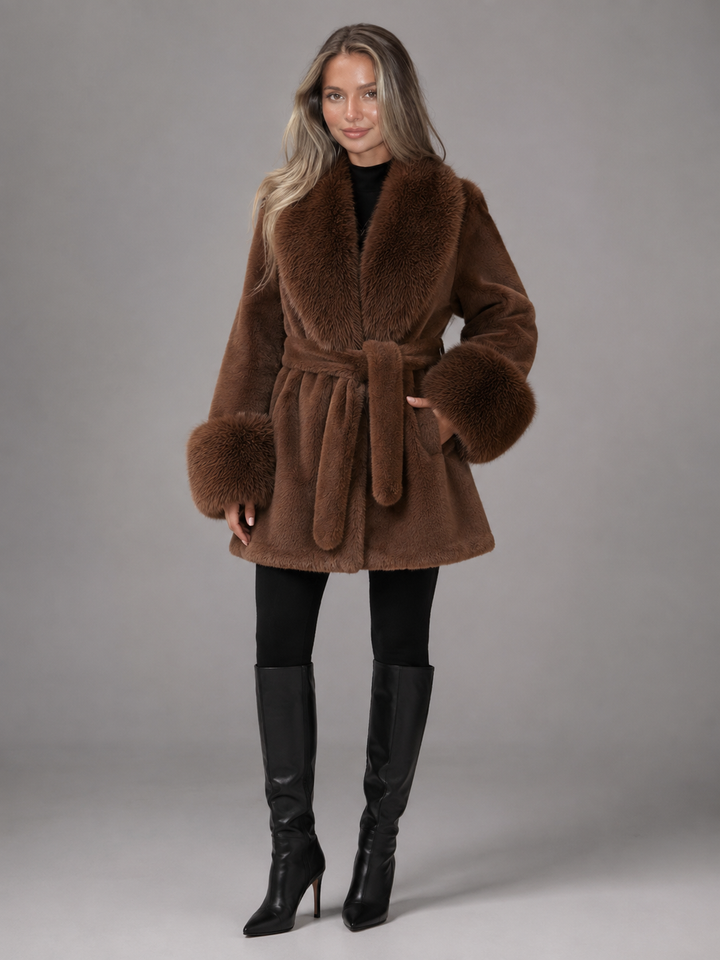 Solenvale | Manteau Ceinturé Col Fausse Fourrure pour Femme