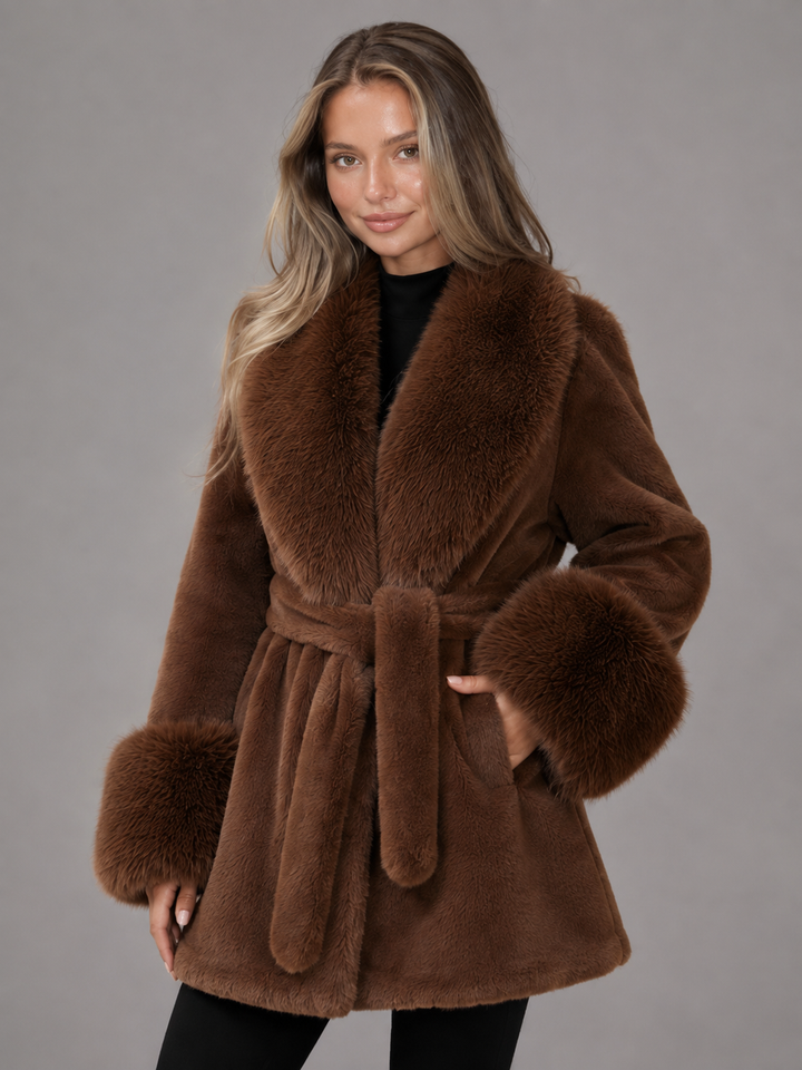 Solenvale | Manteau Ceinturé Col Fausse Fourrure pour Femme