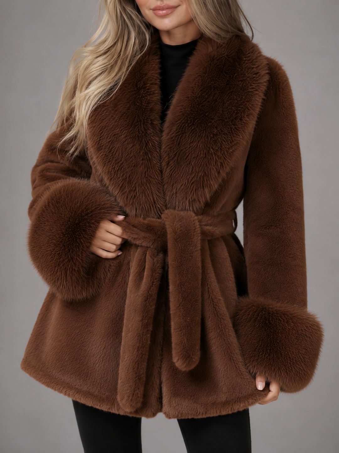 Solenvale | Manteau Ceinturé Col Fausse Fourrure pour Femme