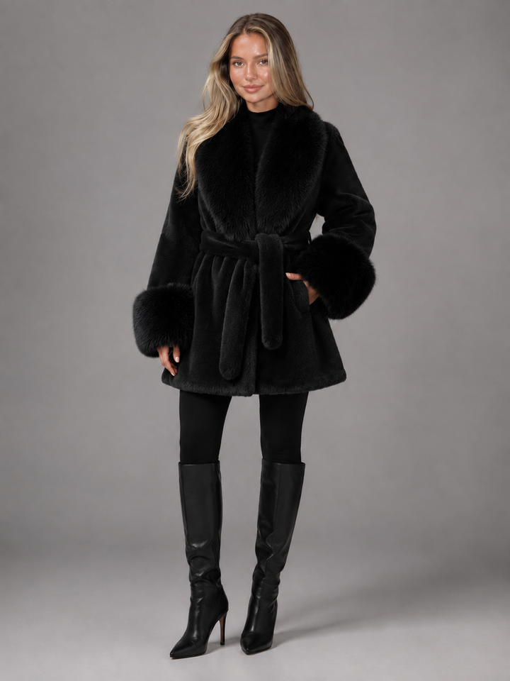 Solenvale | Manteau Ceinturé Col Fausse Fourrure pour Femme