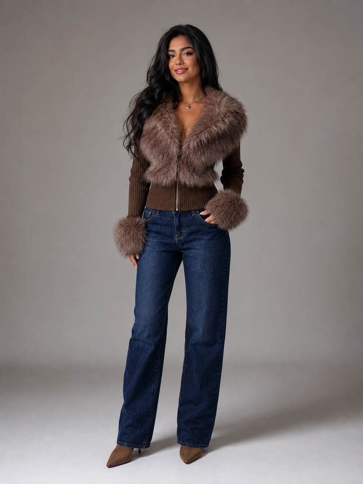 Corvinelle | Cardigan Zippé Bordure Fausse Fourrure pour Femme