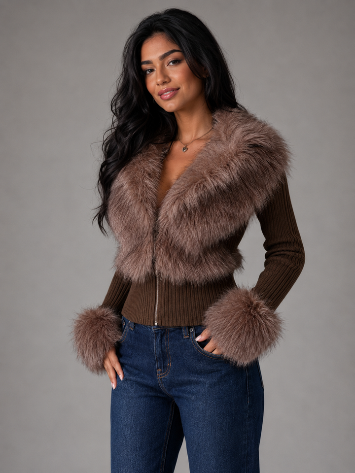 Corvinelle | Cardigan Zippé Bordure Fausse Fourrure pour Femme