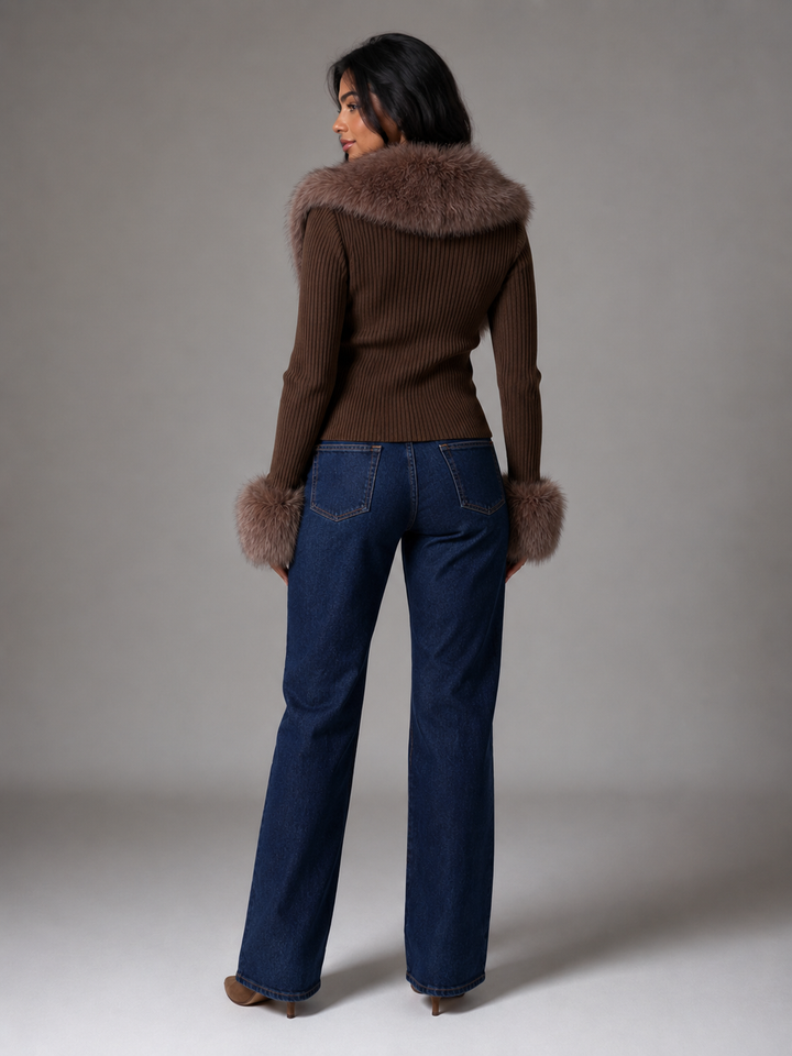 Corvinelle | Cardigan Zippé Bordure Fausse Fourrure pour Femme