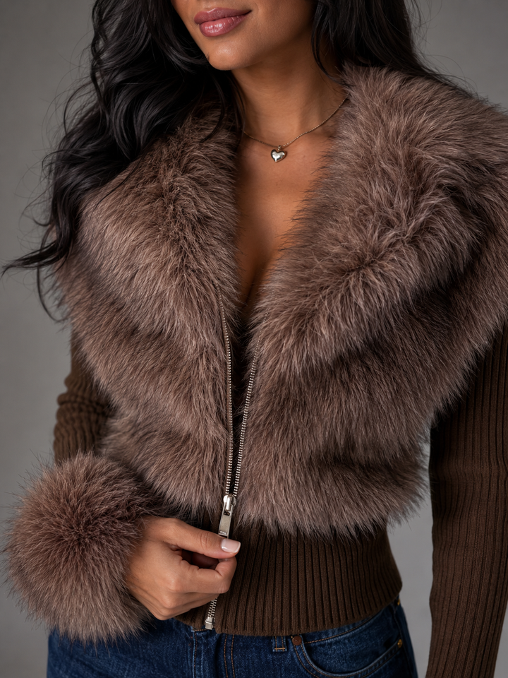 Corvinelle | Cardigan Zippé Bordure Fausse Fourrure pour Femme