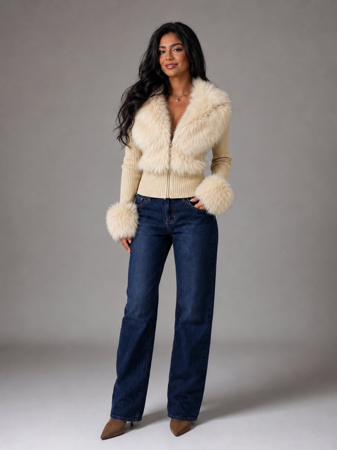 Corvinelle | Cardigan Zippé Bordure Fausse Fourrure pour Femme
