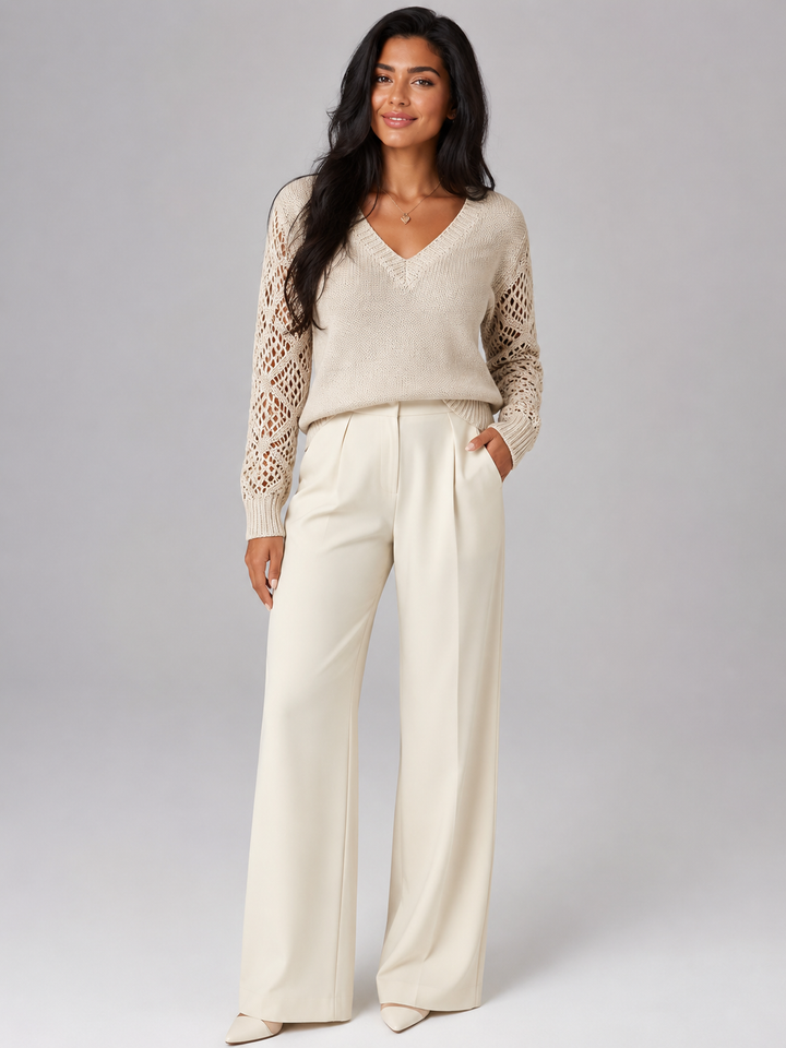 Mirelle | Pull Col V Manches Ajourées pour Femme