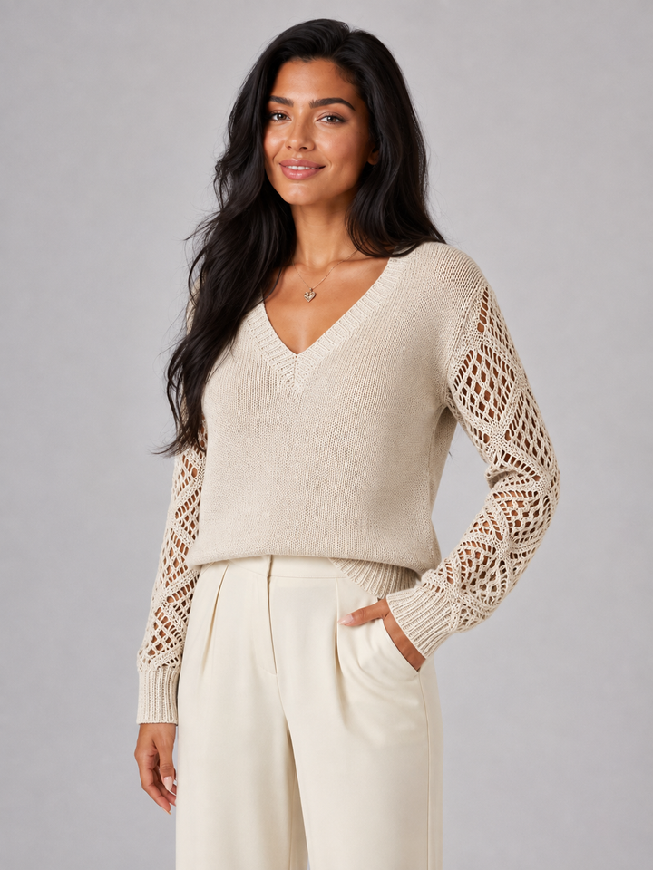 Mirelle | Pull Col V Manches Ajourées pour Femme