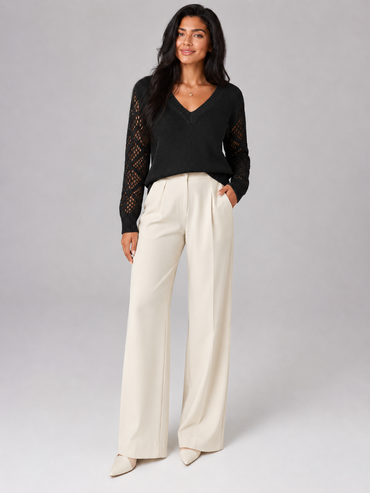 Mirelle | Pull Col V Manches Ajourées pour Femme