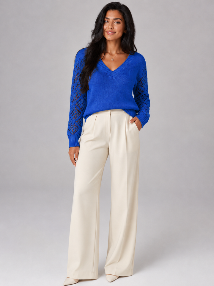 Mirelle | Pull Col V Manches Ajourées pour Femme