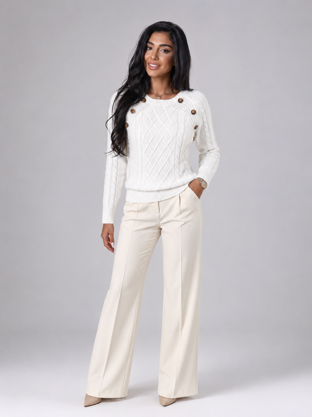 Solenwyn | Pull Torsadé Boutons Épaule pour Femme