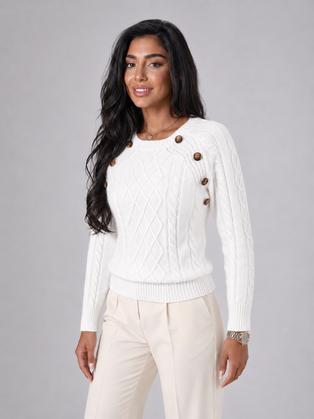 Solenwyn | Pull Torsadé Boutons Épaule pour Femme