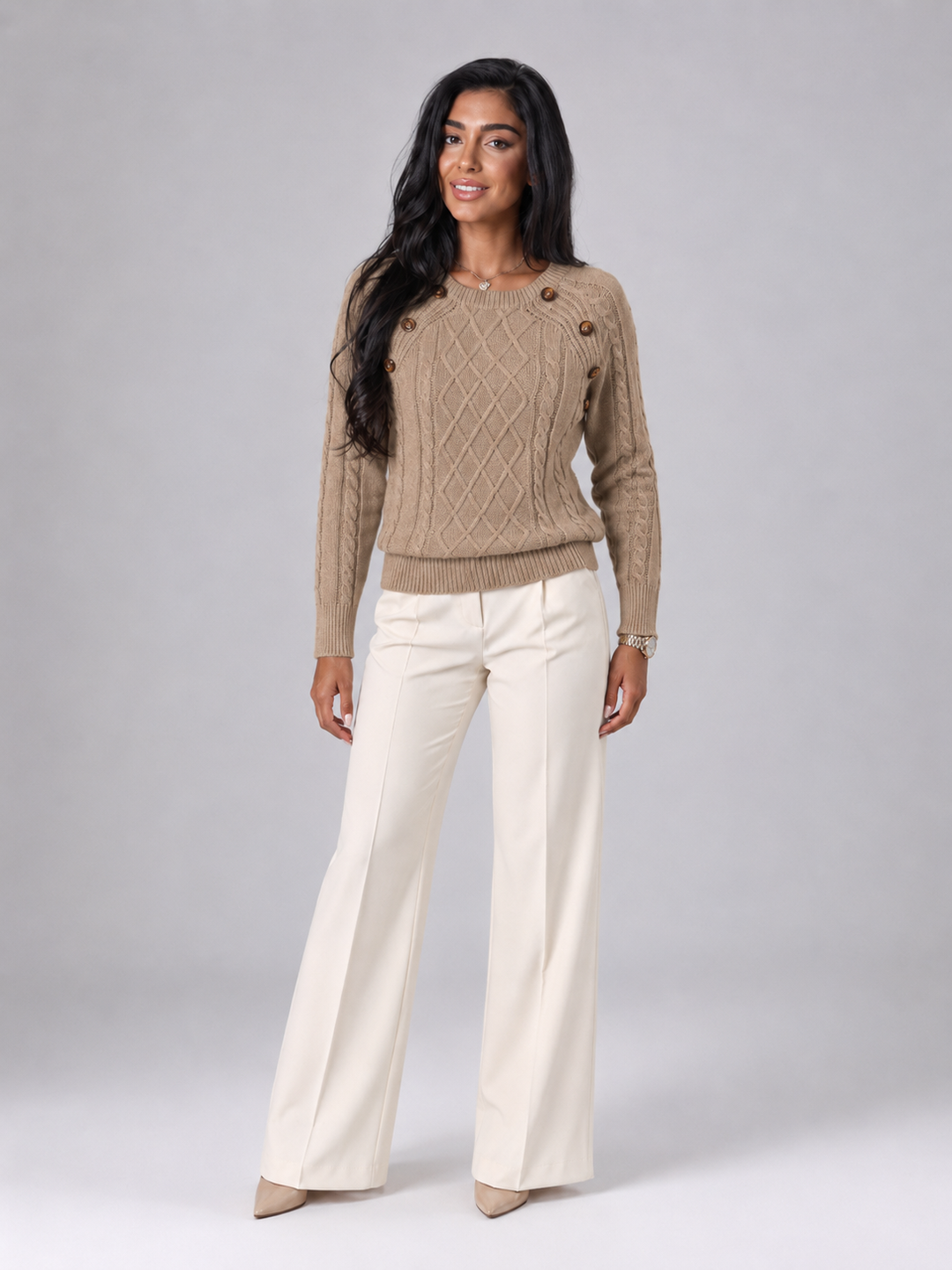 Solenwyn | Pull Torsadé Boutons Épaule pour Femme
