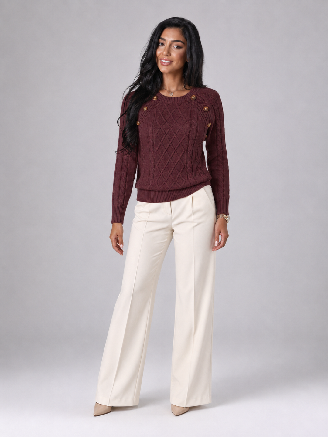 Solenwyn | Pull Torsadé Boutons Épaule pour Femme