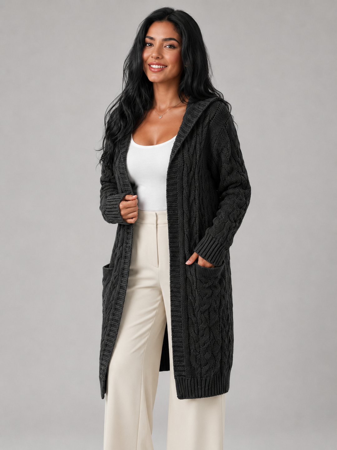 Marisenne | Cardigan Long Torsadé à Capuche pour Femme