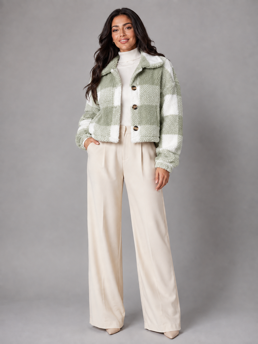 Corianne | Veste Sherpa Carreaux Boutonnée pour Femme