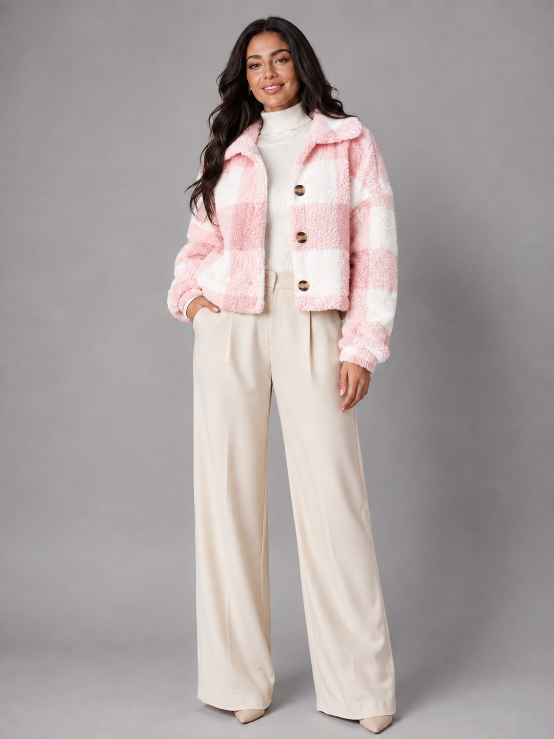 Corianne | Veste Sherpa Carreaux Boutonnée pour Femme