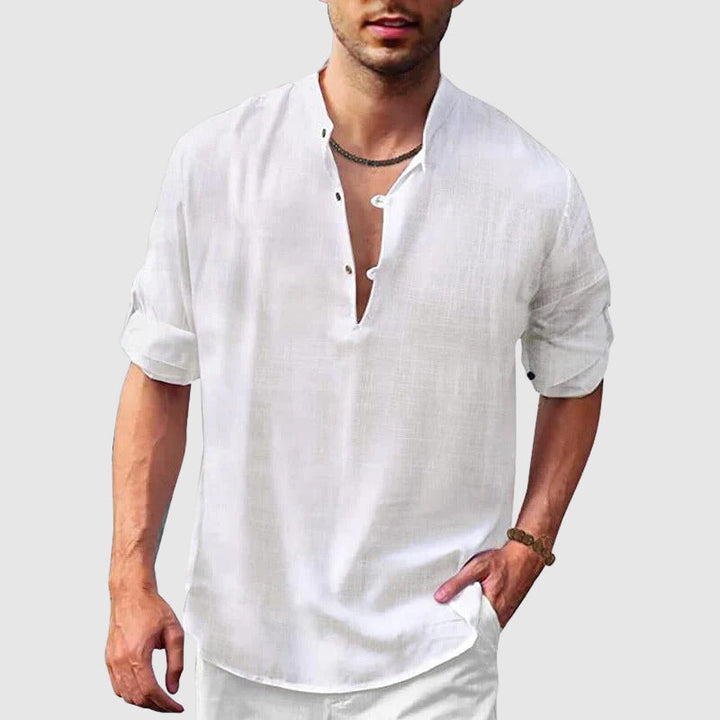 Chemise Henley homme lin coton manches 3/4 retroussables